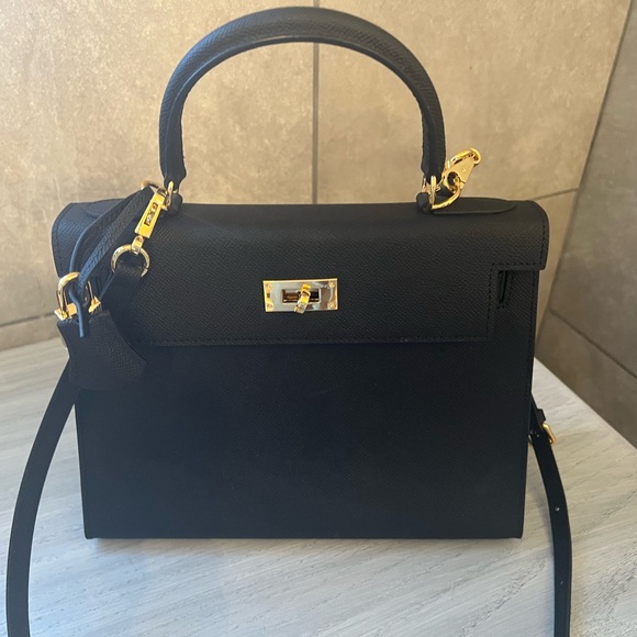 Kally Black Leather Satchel with Gold Accents - Picture 3 of 3